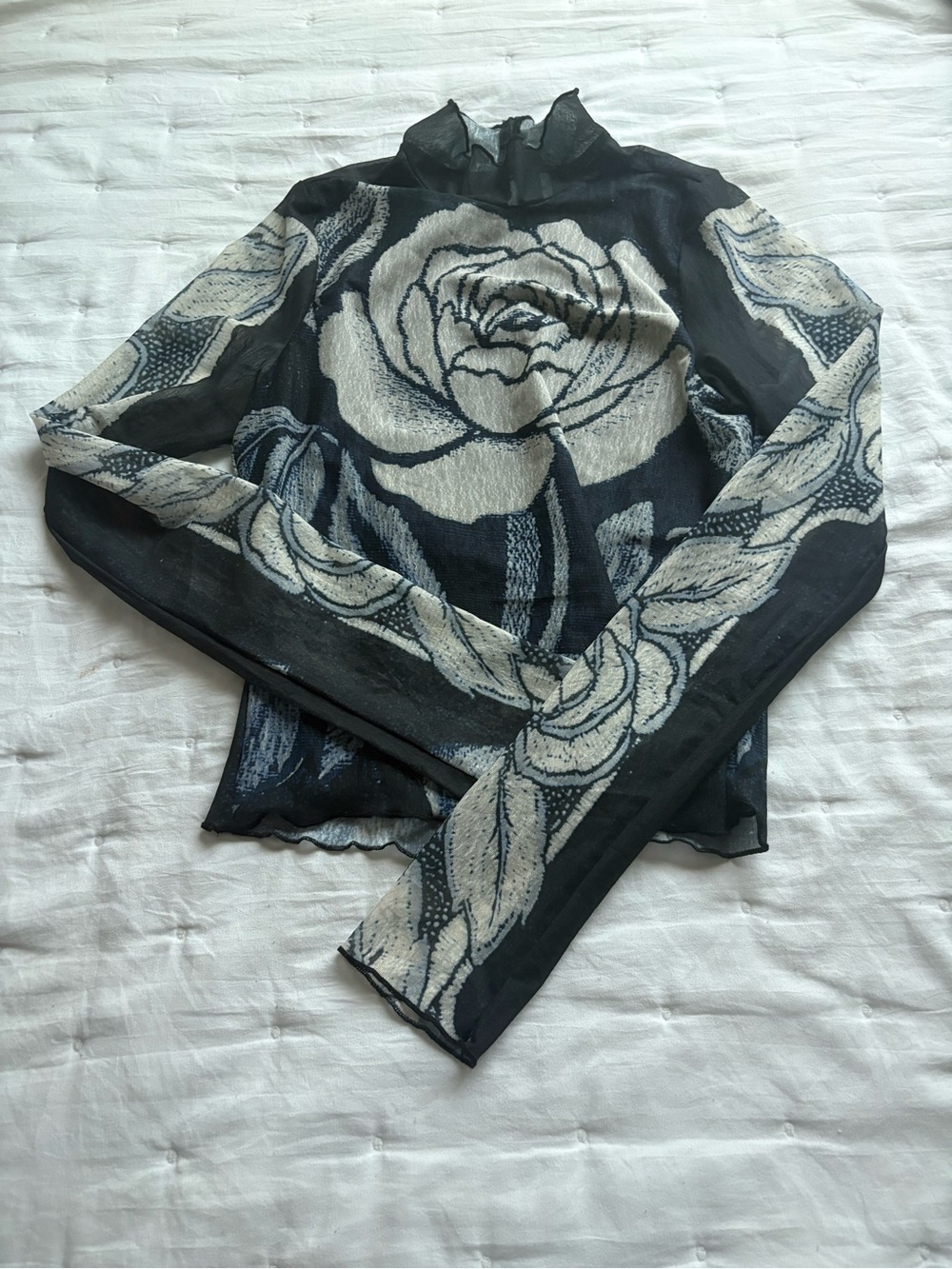 Free People SET!!! Black Floral Mesh Long-Sleeve Top with matching midi skirt